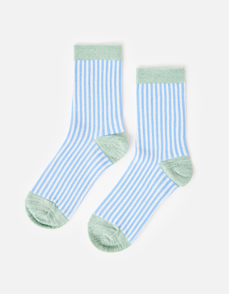 Blue & Green Striped Ribbed Ankle Socks